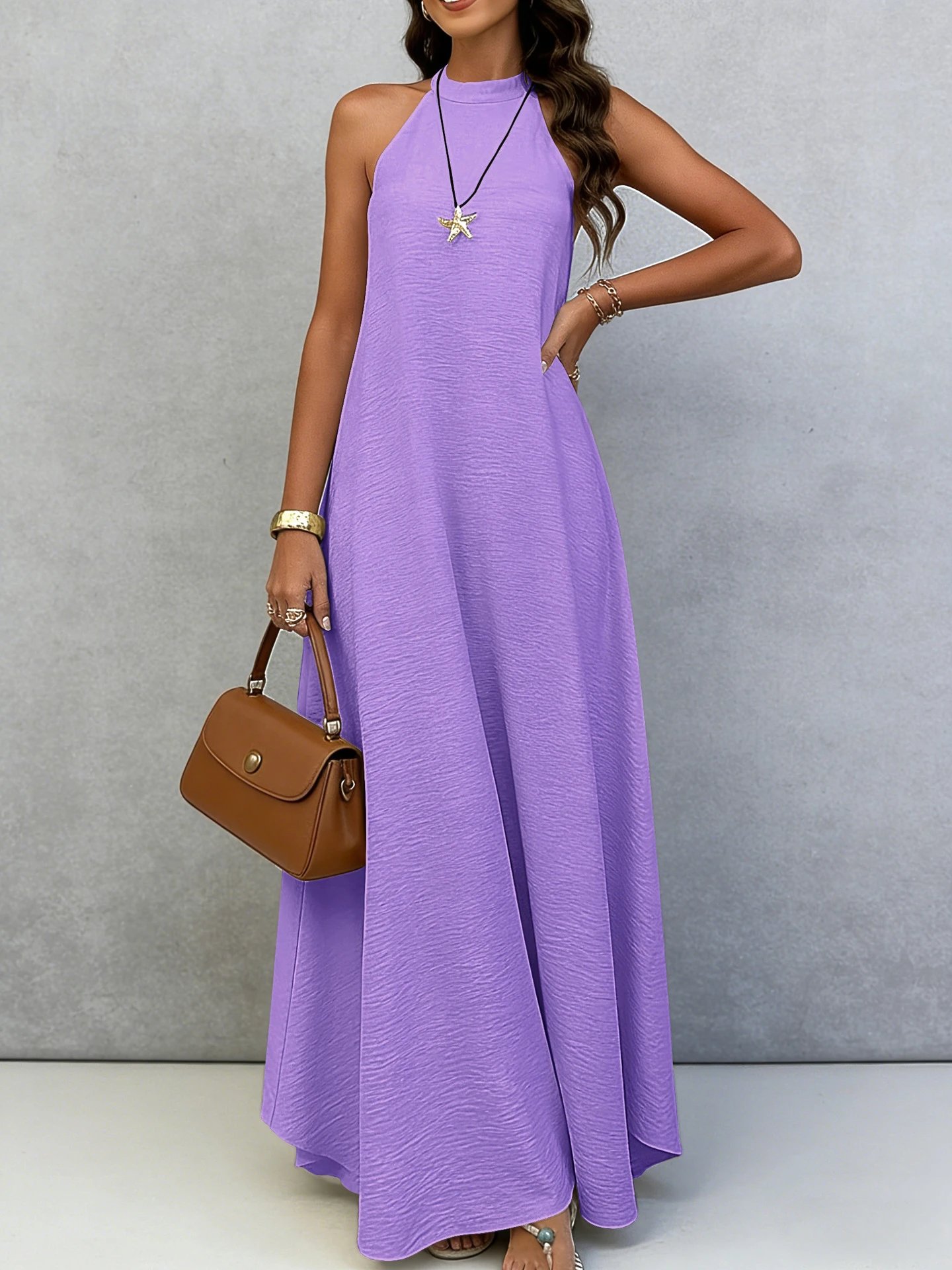 Design Halter Neck Crinkle Maxi Dress Beige - 11