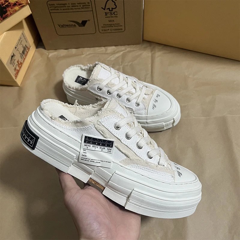 Design Mule Sneaker White Distressed Canvas Platform Sneakers
