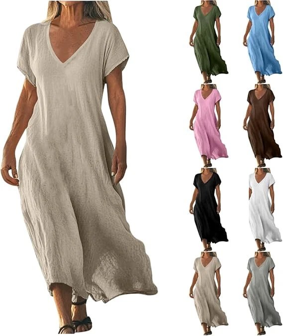 Design V-Neck Linen Maxi Dress Navy - 6