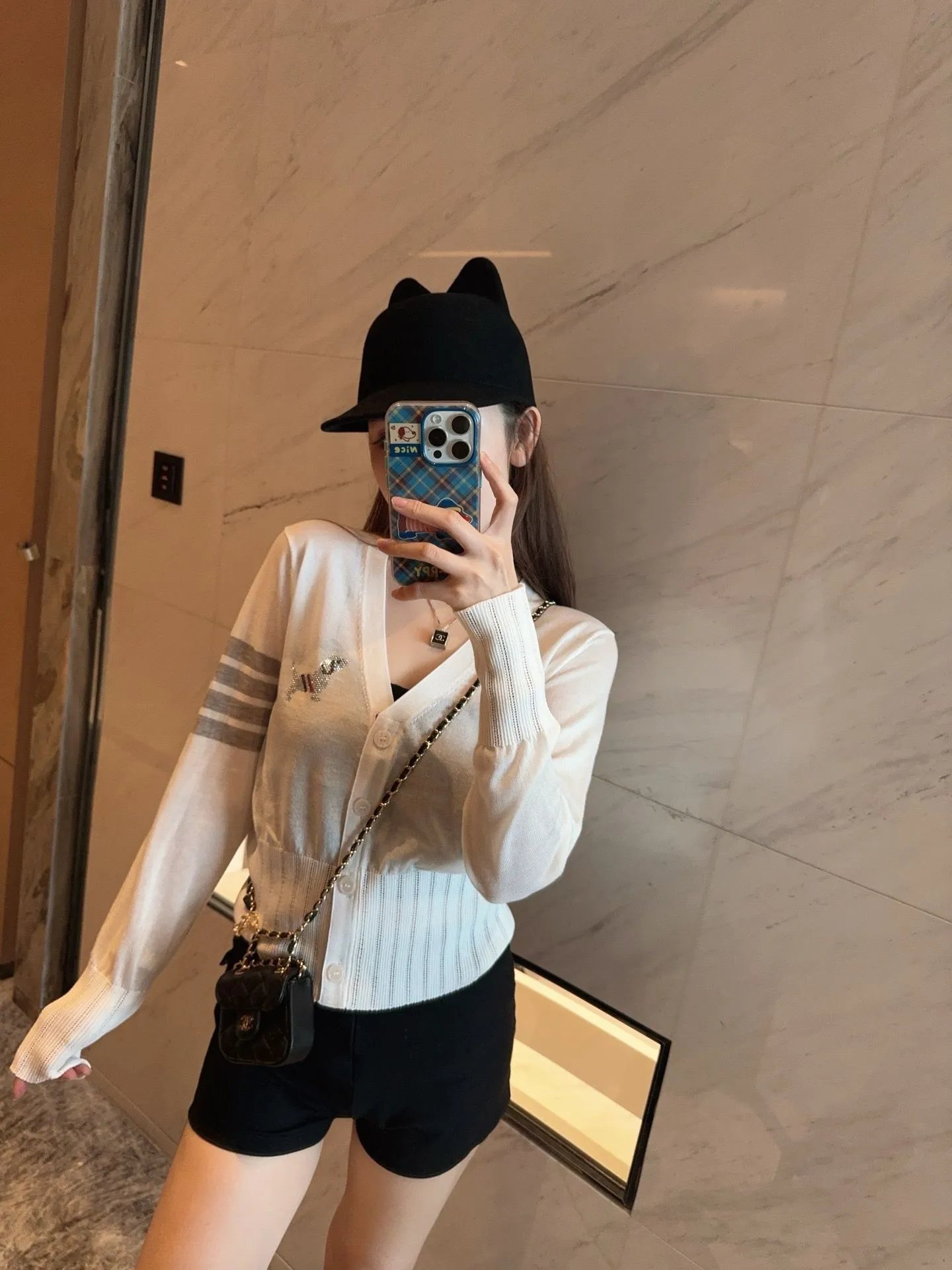 Thom Browne Gray Striped V-Neck Cardigan with Embroidered Motif - 7