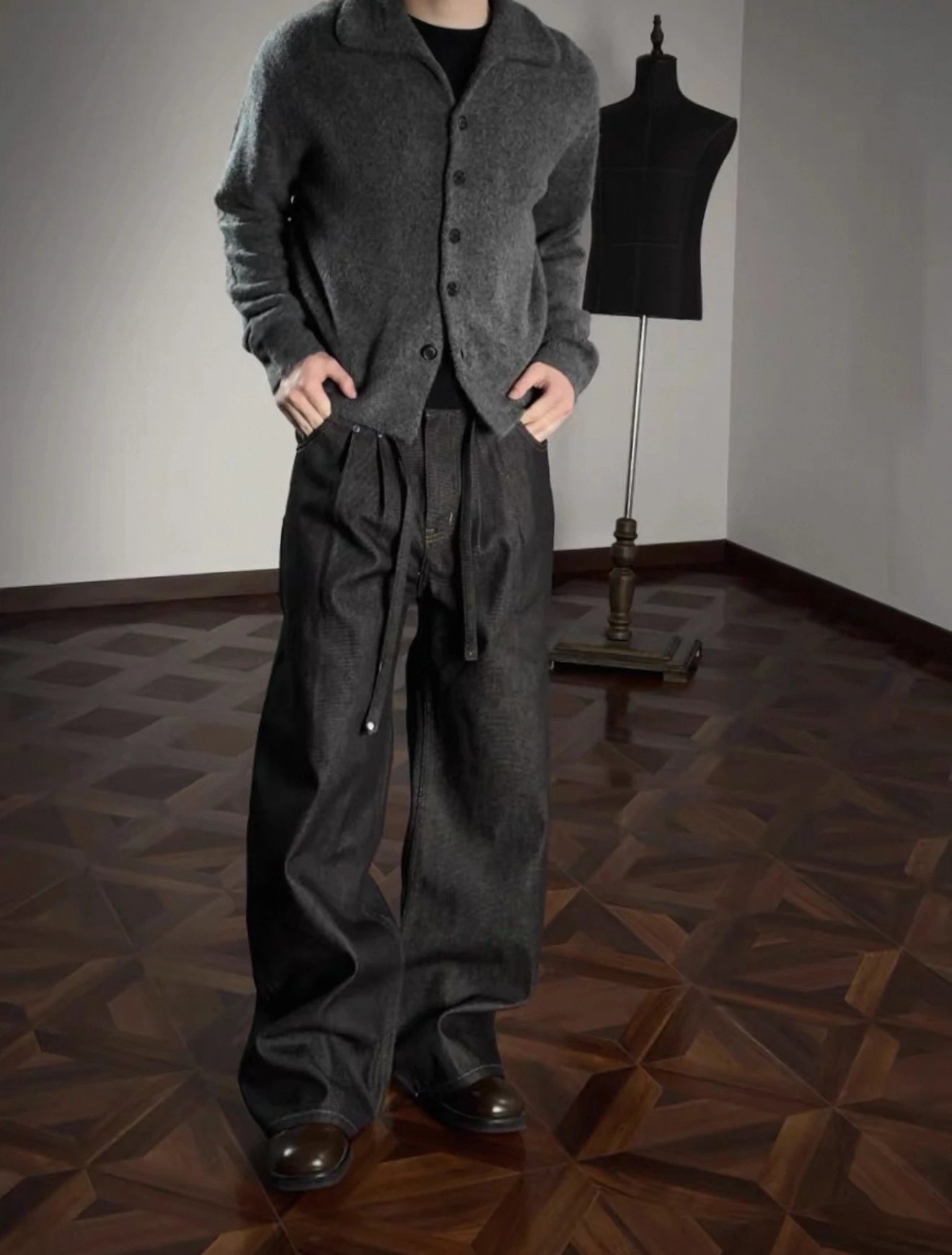 Design Wide-Leg Drawstring Waist Black Denim Jeans - 5