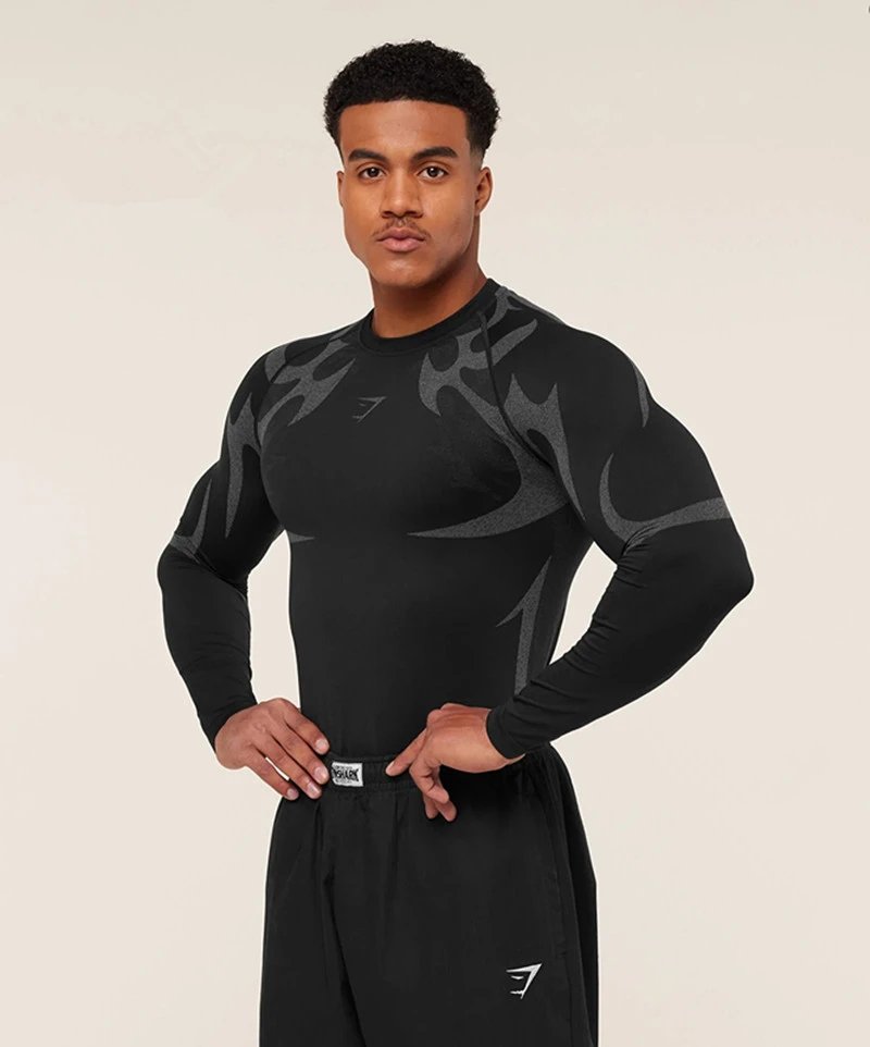 Gymshark Flame Print Long Sleeve Base Layer Gray Red - 16