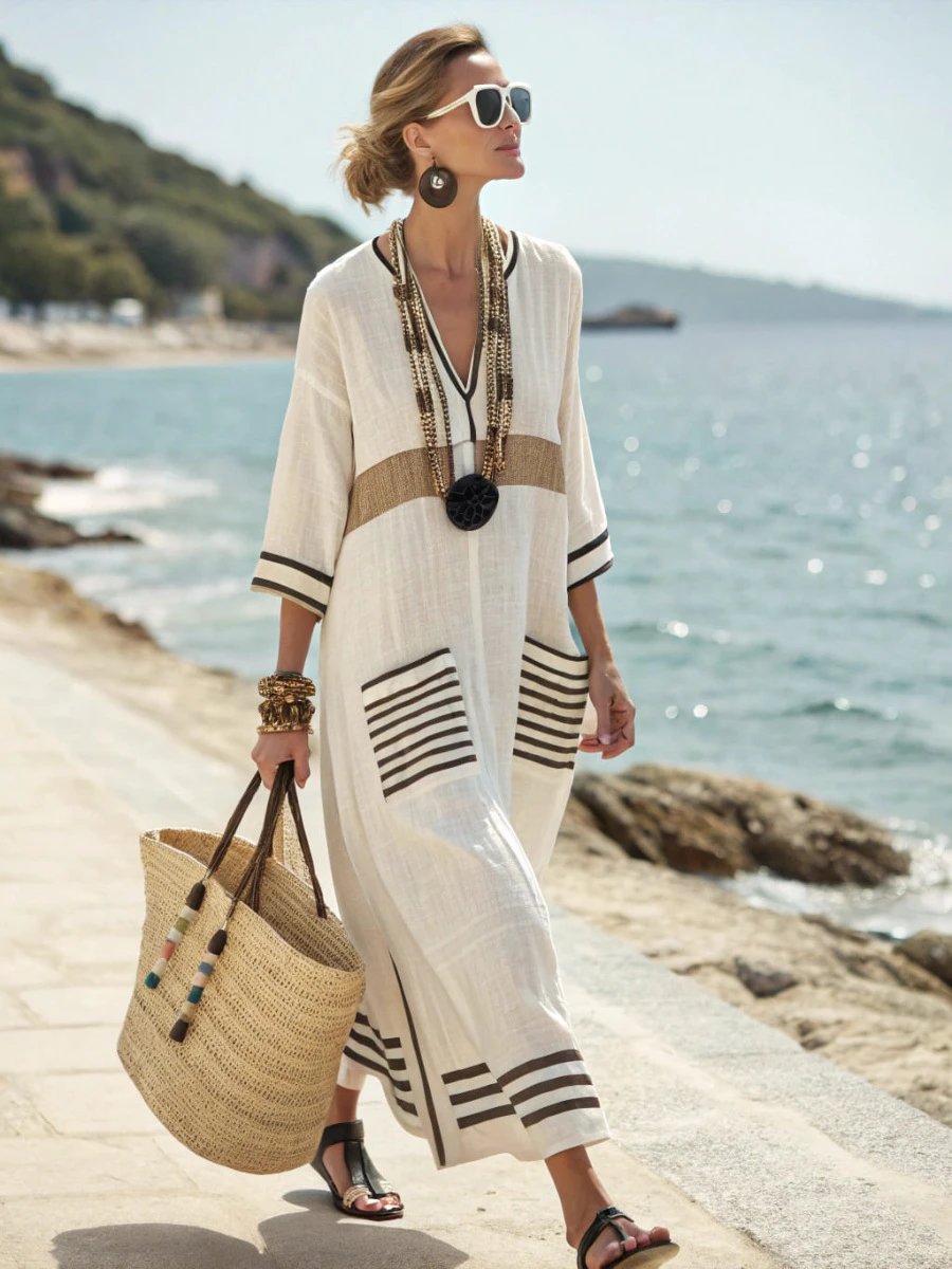 Design Striped Linen Maxi Dress White with Black Vertical Stripes - 12