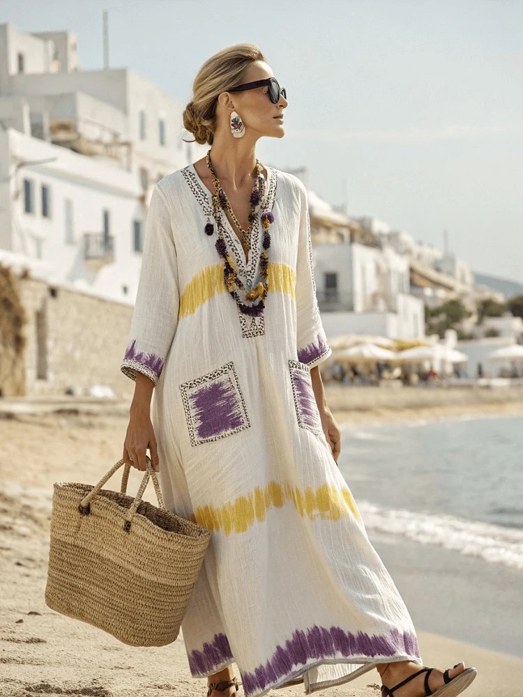 Design Striped Linen Maxi Dress White with Black Vertical Stripes - 23