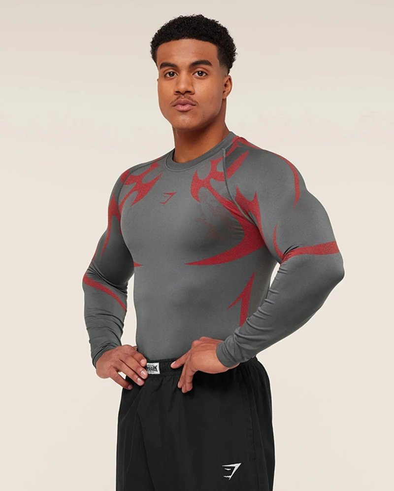 Gymshark Flame Print Long Sleeve Base Layer Gray Red - 22