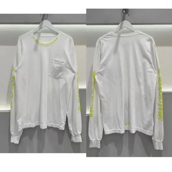 Design Long Sleeve Pocket Tee with Neon Yellow Print White T-Shirts - 1