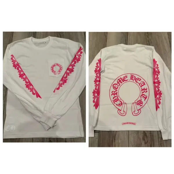 Chrome Hearts Long Sleeve T-Shirt White with Pink Ornate Print - 1