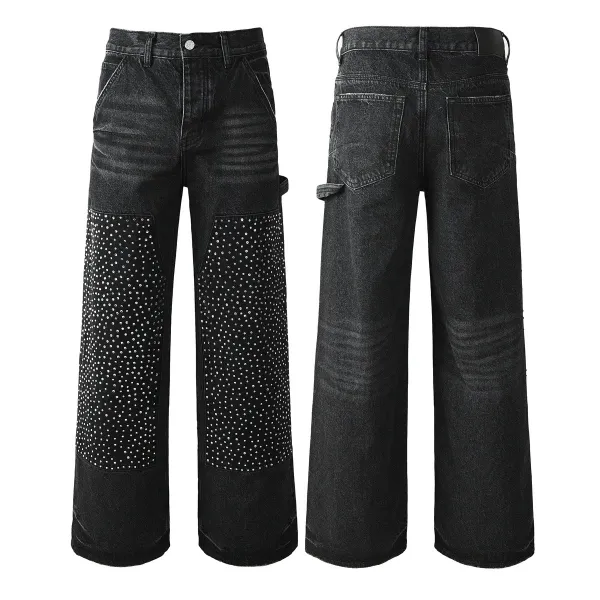 Design Wide-Leg Jeans with Rhinestone Panels Black Jeans - 1