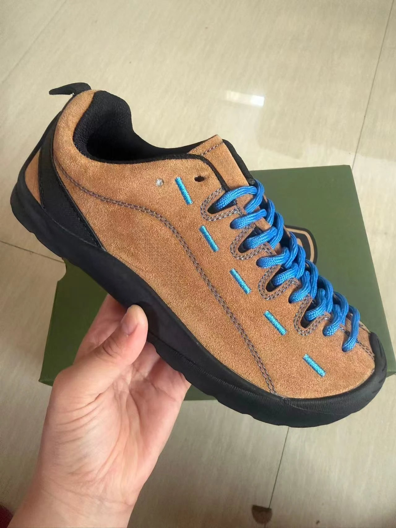Design Suede Low-Top Sneaker with Blue Laces and Stitching Tan Casual Shoes