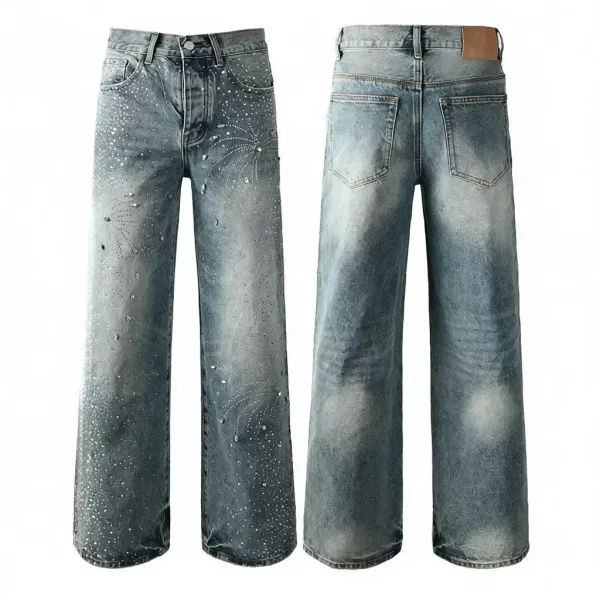 Design Wide-Leg Distressed Denim Jeans with Crystal Embellishments - 1