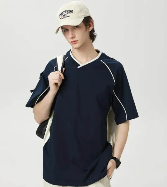 Design V-Neck Contrast Trim T-Shirt Navy - 1