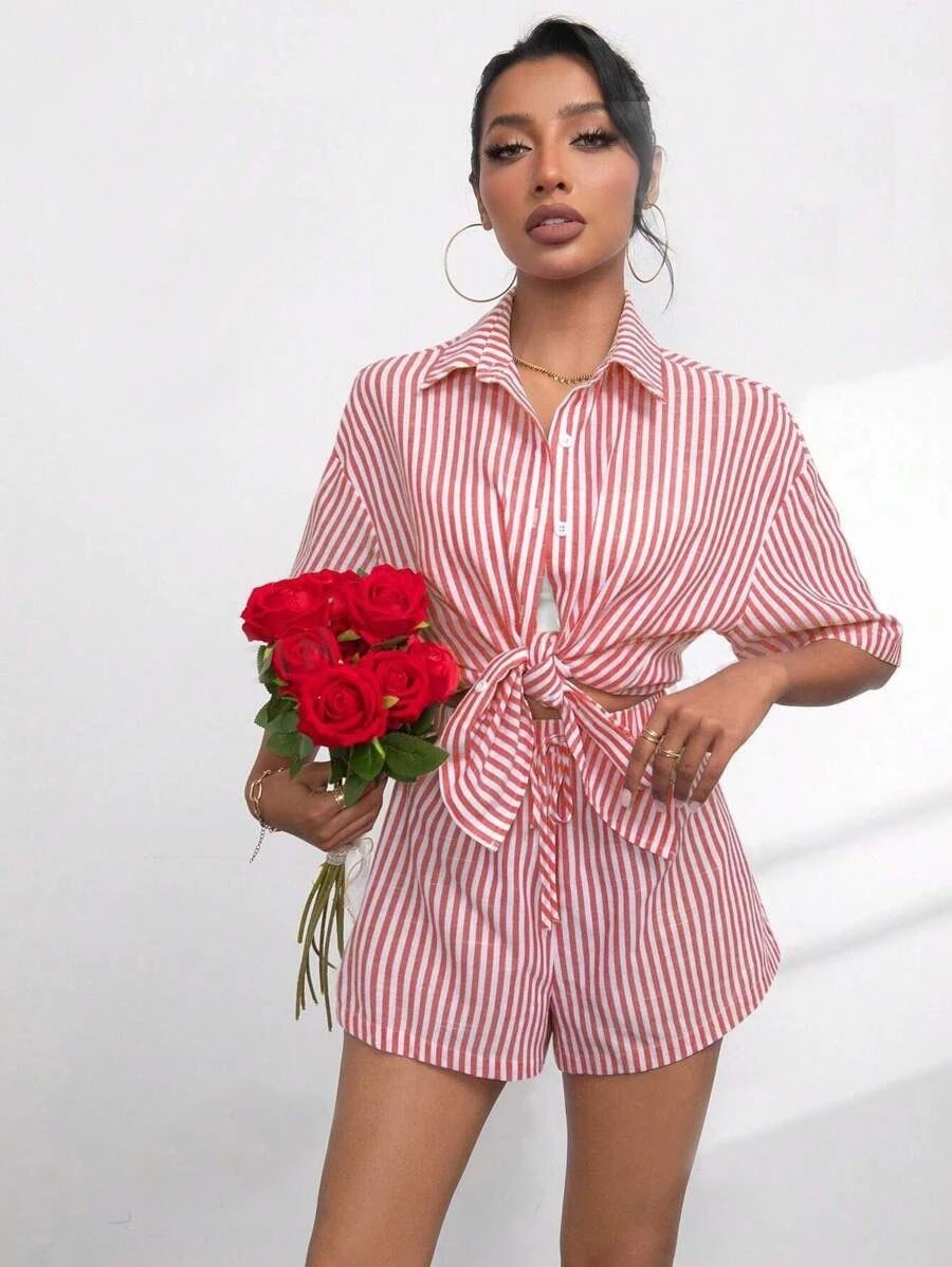 Design Pink and White Striped Oversized Shirt and Shorts Set - 10