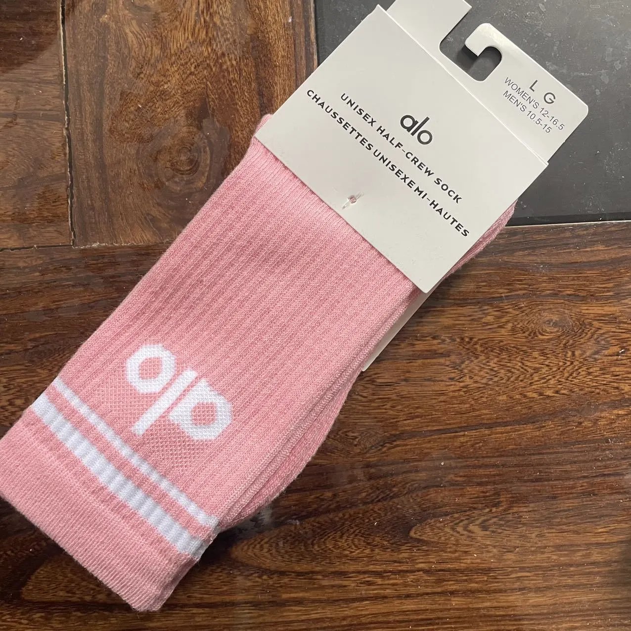 Alo Unisex Half-Crew Sock White with Light Blue Logo - 8
