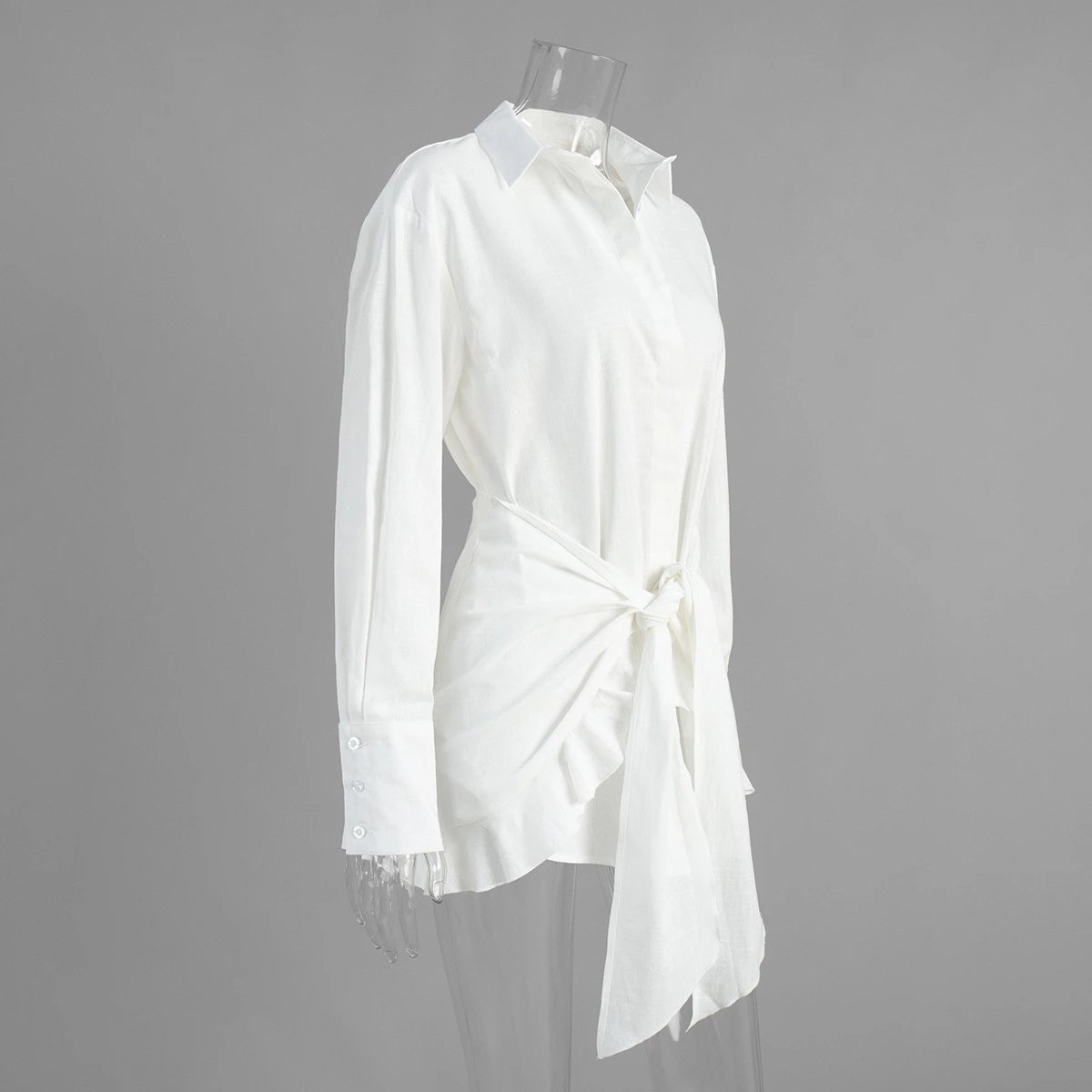 Design Off-White Style Linen Shirt and Ruffled Mini Skirt Set in Cream - 5