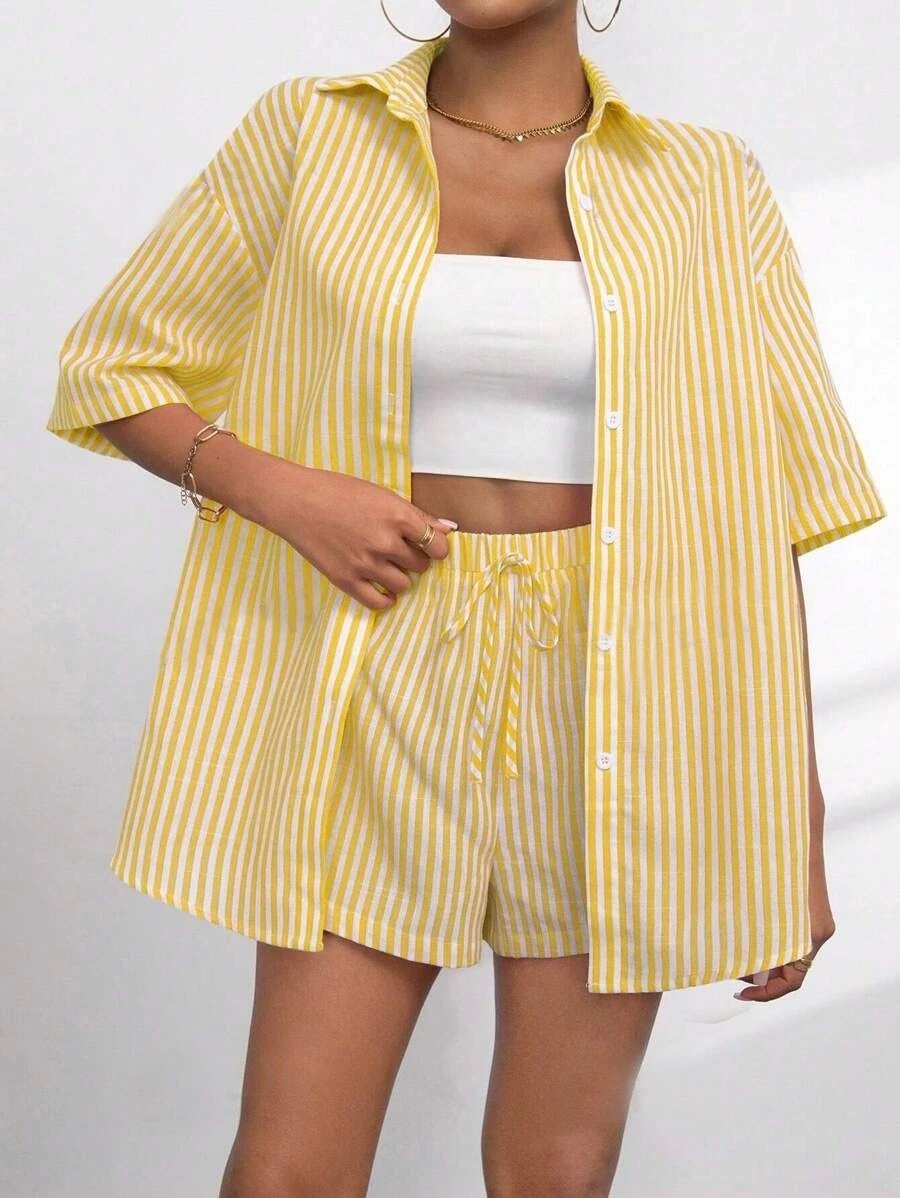 Design Pink and White Striped Oversized Shirt and Shorts Set - 19