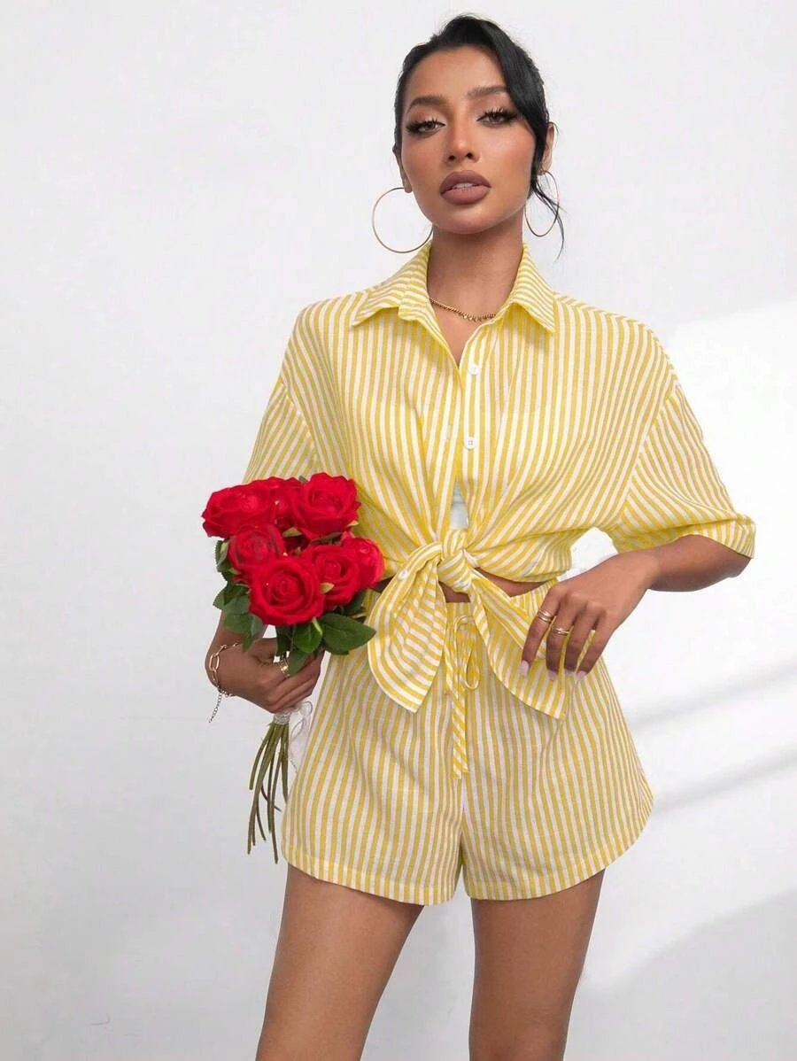 Design Pink and White Striped Oversized Shirt and Shorts Set - 22