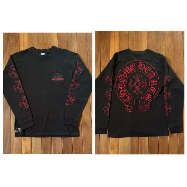 Chrome Hearts Long Sleeve Pocket Tee Black with Red Cross Motif T-Shirts - 1