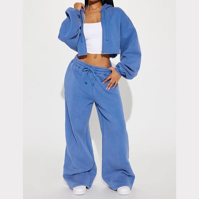 Design Cropped Hoodie and Wide-Leg Sweatpants Set in Light Gray - 20