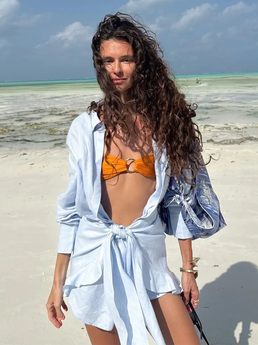Design Off-White Style Linen Shirt and Ruffled Mini Skirt Set in Cream - 42