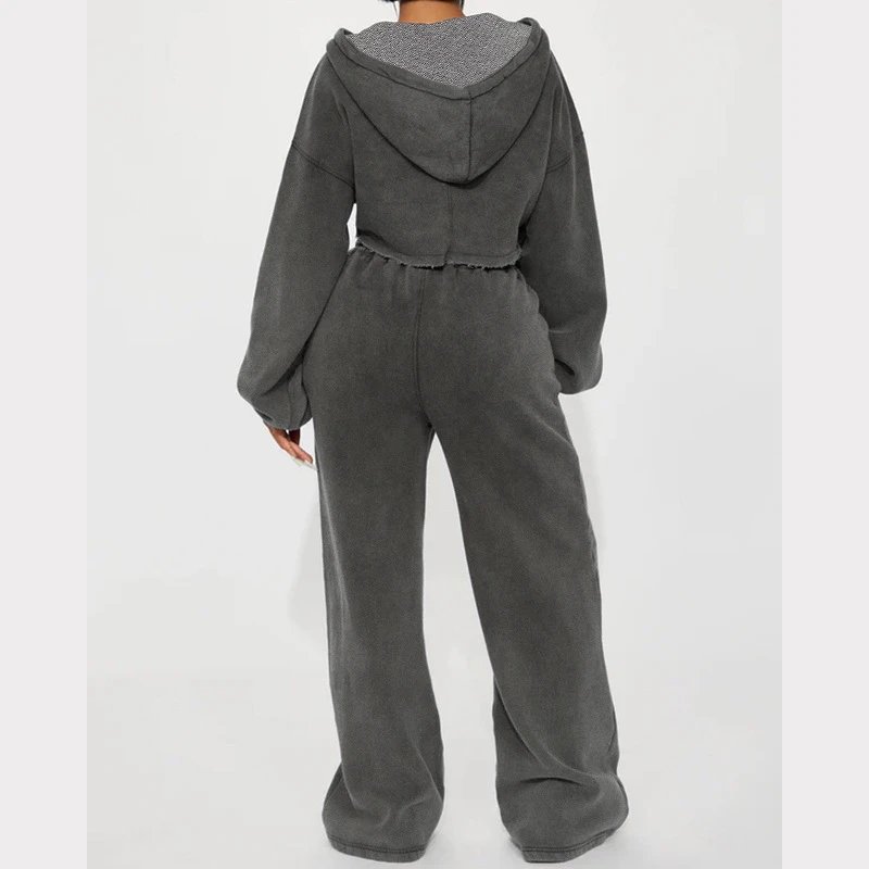 Design Cropped Hoodie and Wide-Leg Sweatpants Set in Light Gray - 37