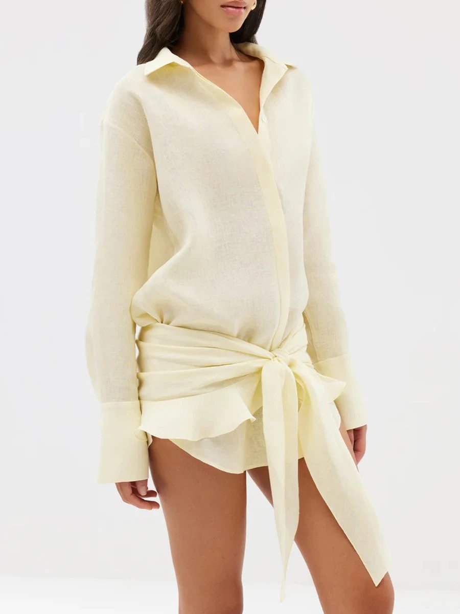 Design Off-White Style Linen Shirt and Ruffled Mini Skirt Set in Cream - 55