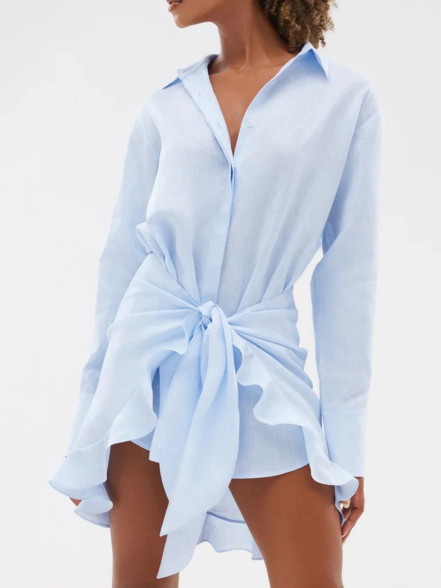 Design Off-White Style Linen Shirt and Ruffled Mini Skirt Set in Cream - 58