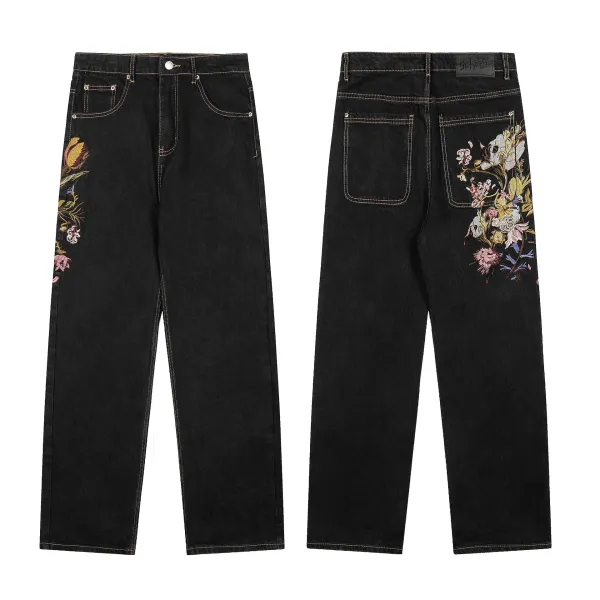 Design Schnee Floral Embroidered Black Straight-Leg Jeans - 1