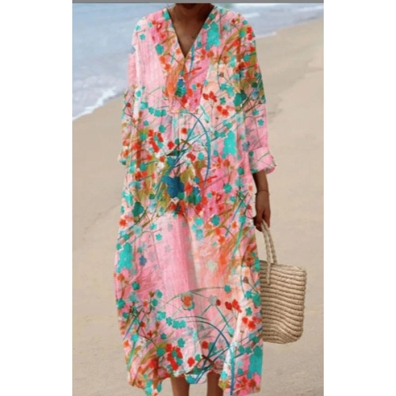 Design Floral Print V-Neck Midi Dress Pink Multicolor - 1