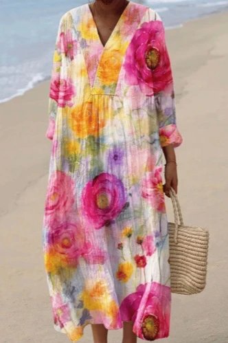 Design Leaf Print V-Neck Midi Dress Blue - 4