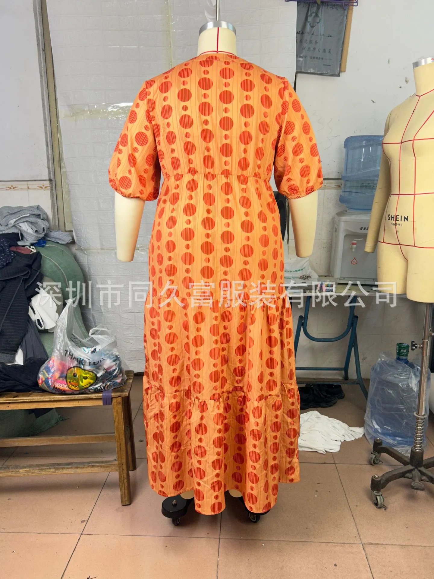 Design Tiered Polka Dot Orange Beige Maxi Dress - 8