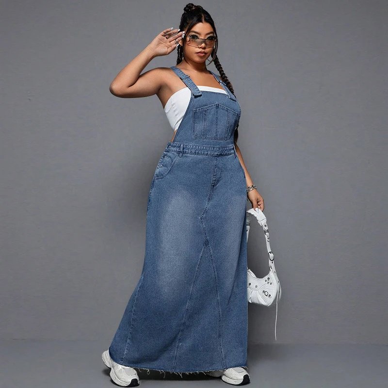 Design Denim Overalls Maxi Dress in Medium Wash Blue Dress - 3