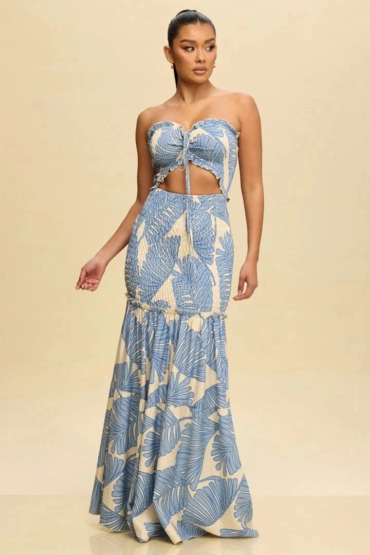 Design Striped Ruched Bustier Maxi Skirt Set Blue and White - 9