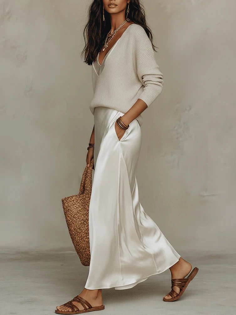 Design Knit V-Neck Oversized Sweater in Beige with Silk Slip Skirt and Woven Tote Bag - 4
