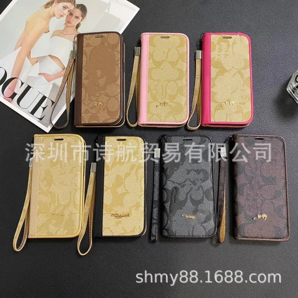 Design Floral Print Brown Leather Flip Phone Case with Wrist Strap - 2