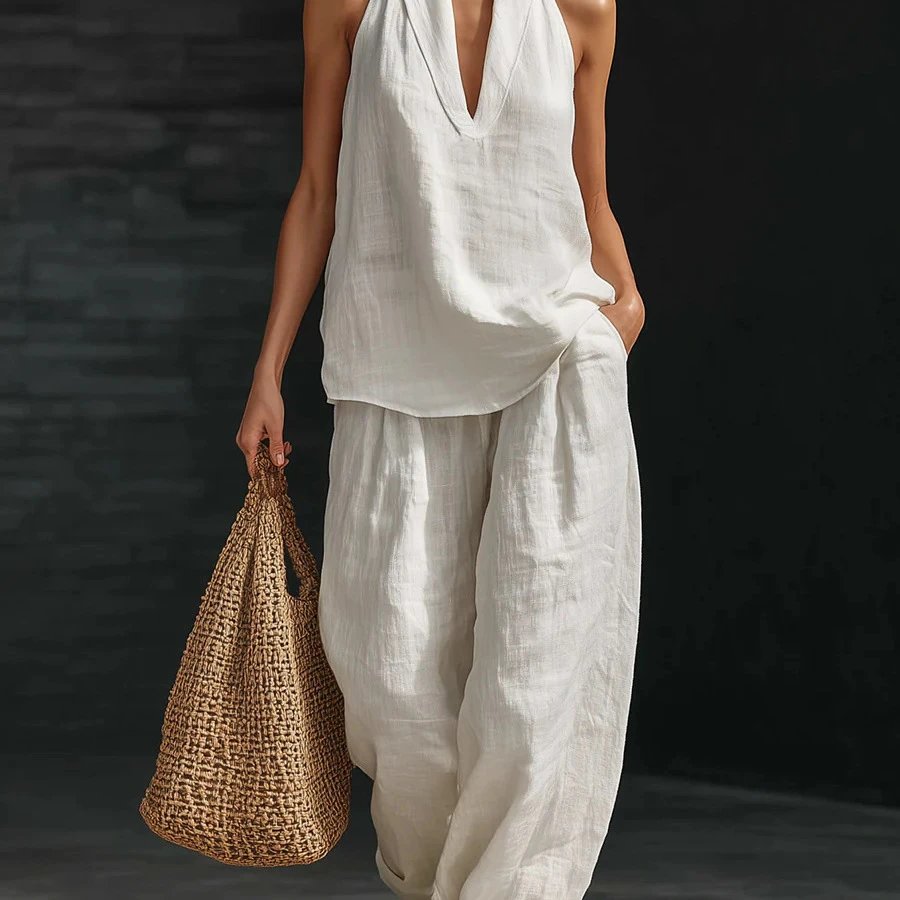 Design Linen V-Neck Sleeveless Top and Wide-Leg Pants Set in Lime Green - 9