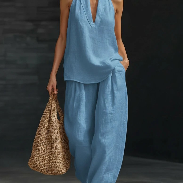 Design Linen V-Neck Sleeveless Top and Wide-Leg Pants Set in Lime Green - 12