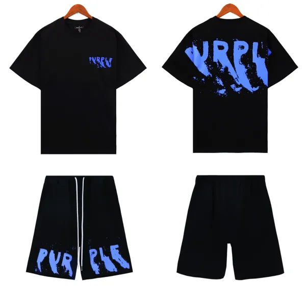 Purple Brand Distressed Logo Black T-Shirt and Shorts Set - 1