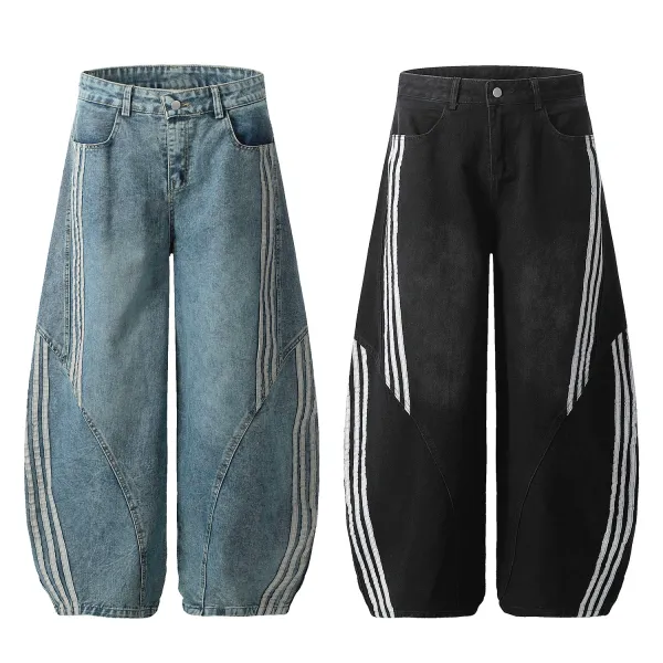 Adidas Originals Wide-Leg Denim Pants Black with White Triple Stripes Jeans - 2