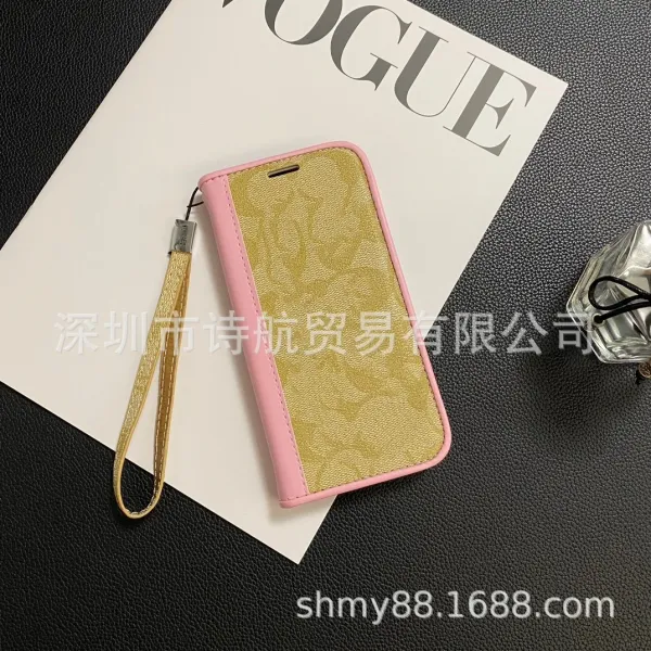 Design Floral Print Brown Leather Flip Phone Case with Wrist Strap - 5