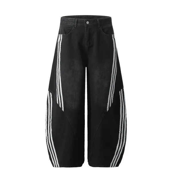 Adidas Originals Wide-Leg Denim Pants Black with White Triple Stripes Jeans - 6