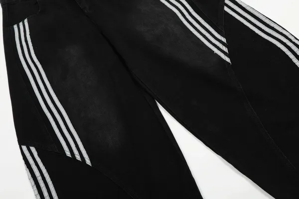 Adidas Originals Wide-Leg Denim Pants Black with White Triple Stripes Jeans - 11