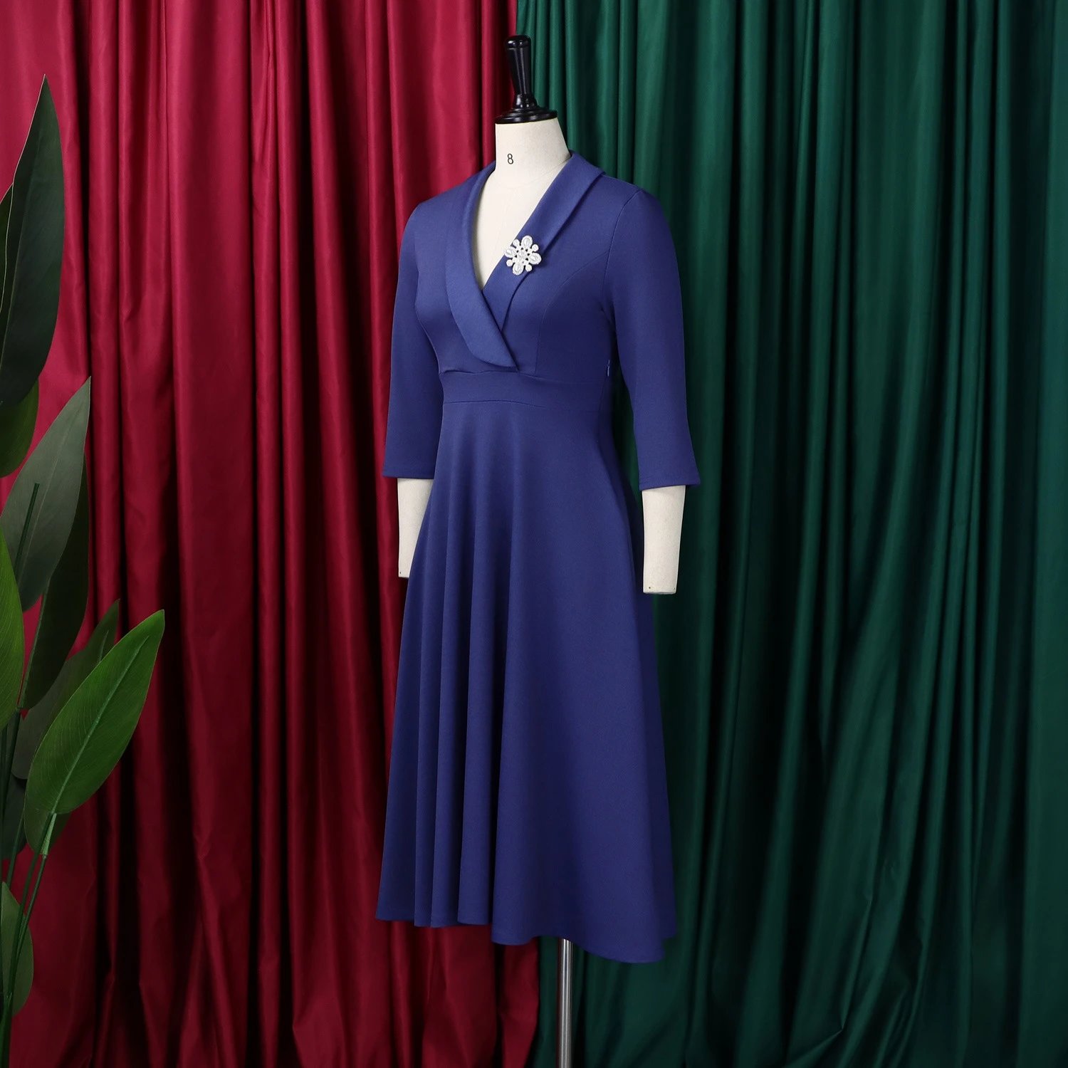 Design Wrap Front Midi Dress with Pearl Brooch in Navy - 7