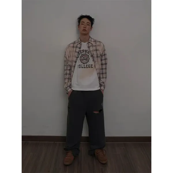Design College Print T-Shirt with Plaid Shirt and Ripped Sweatpants - 1