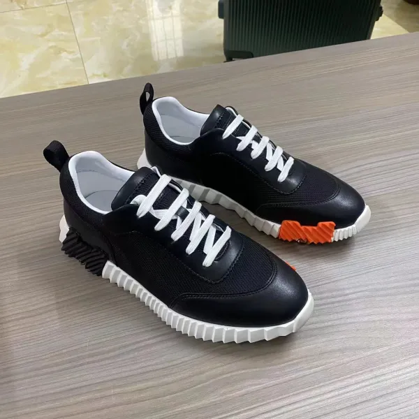 Design Chunky Sole Mesh Leather Sneakers Black White Orange - 1