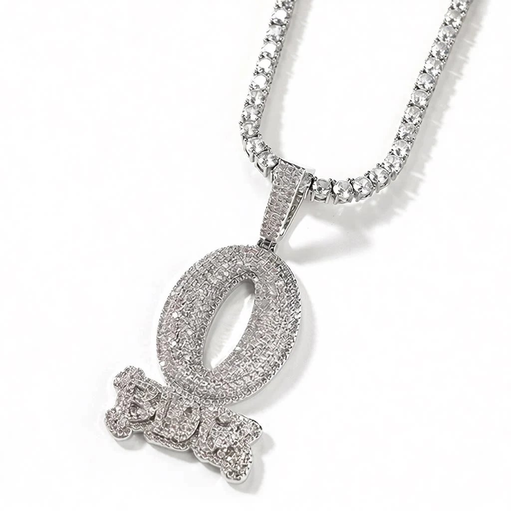 Hip Hop Trendy Full Diamond O BLOCK Zircon Letter Pendant Necklace Men's Fashion Minimalist Jewelry Accessory