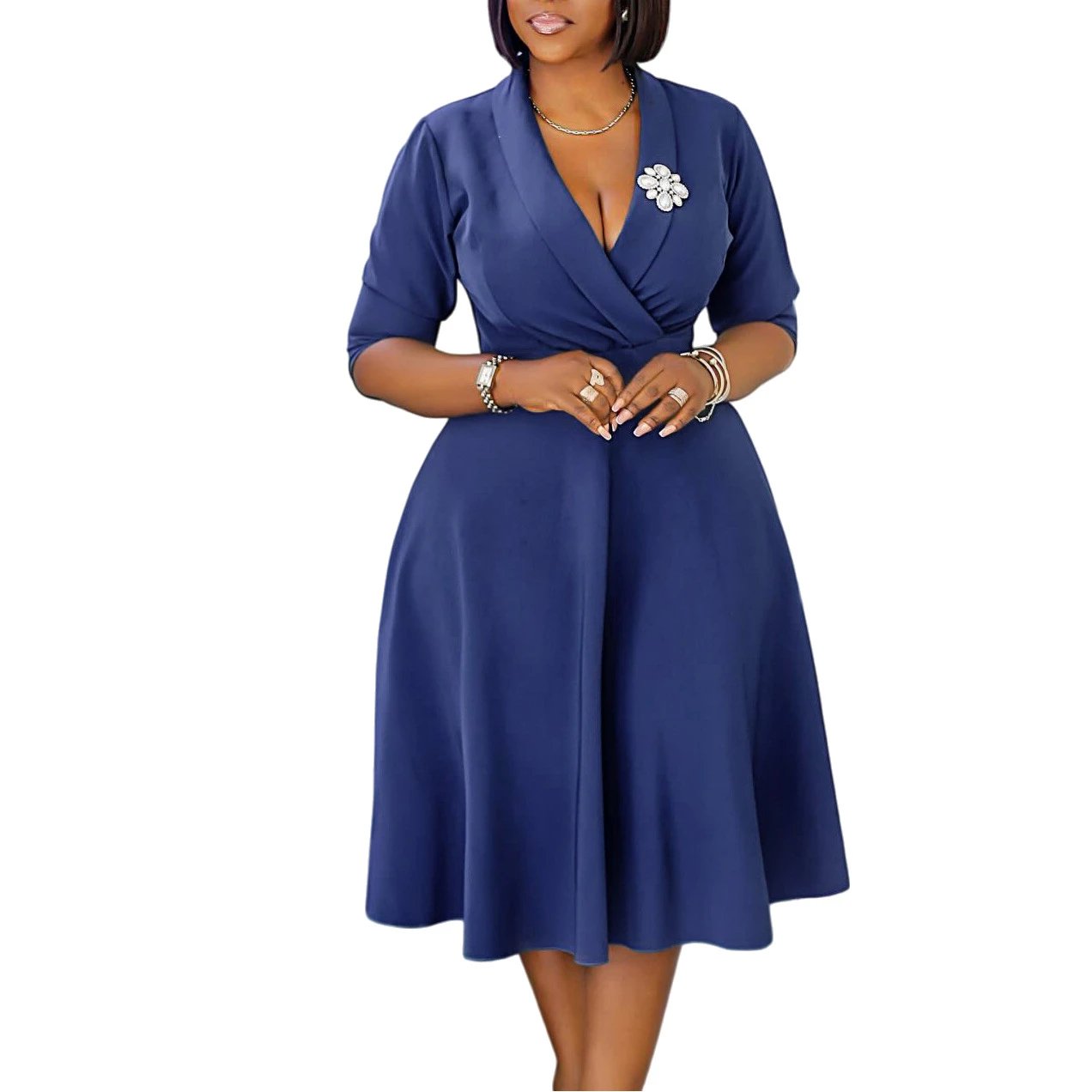 Design Wrap Front Midi Dress with Pearl Brooch in Navy - 41