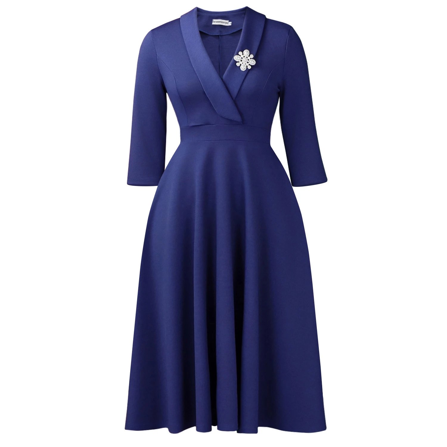 Design Wrap Front Midi Dress with Pearl Brooch in Navy - 43