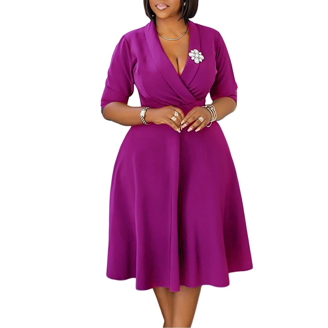 Design Wrap Front Midi Dress with Pearl Brooch in Navy - 49