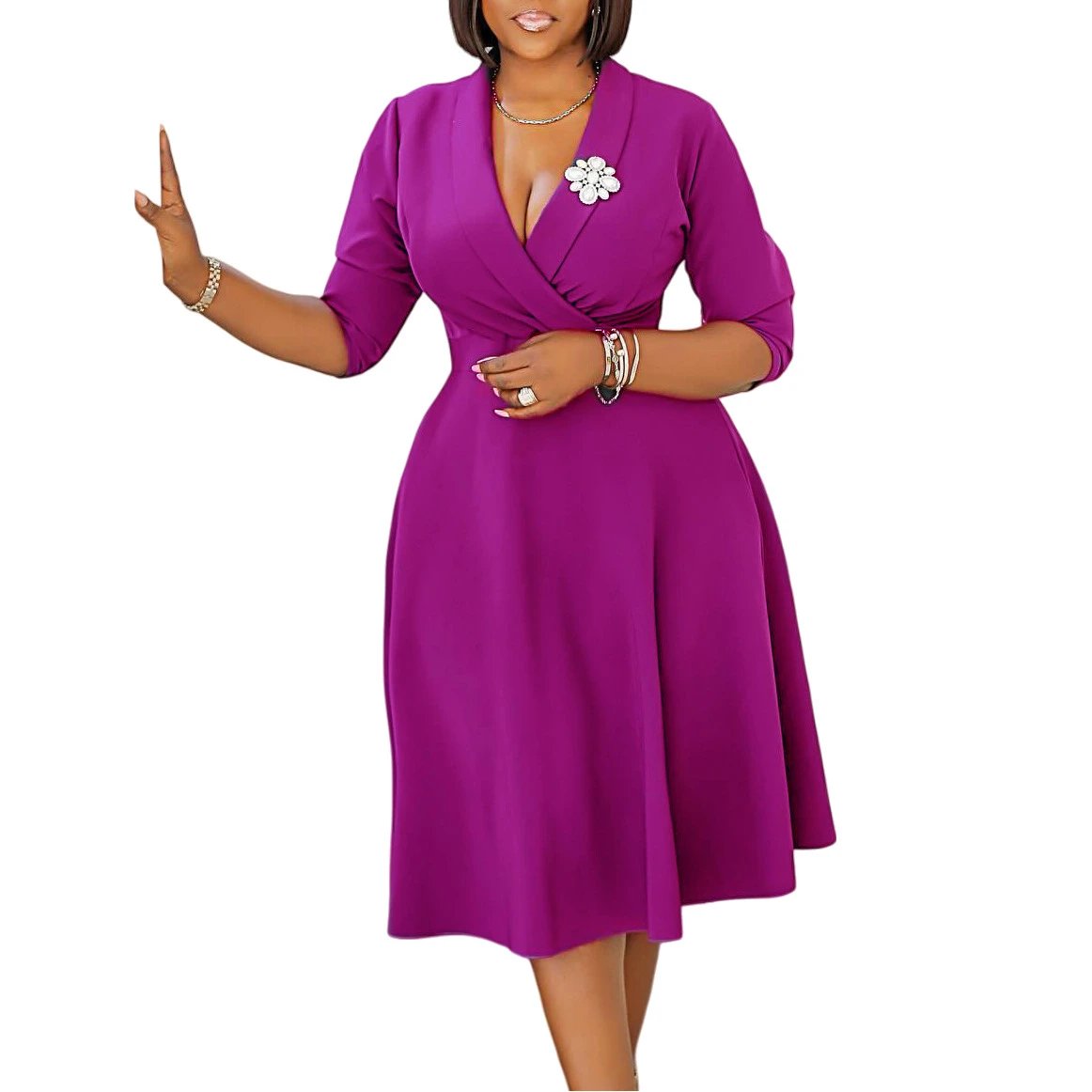 Design Wrap Front Midi Dress with Pearl Brooch in Navy - 50