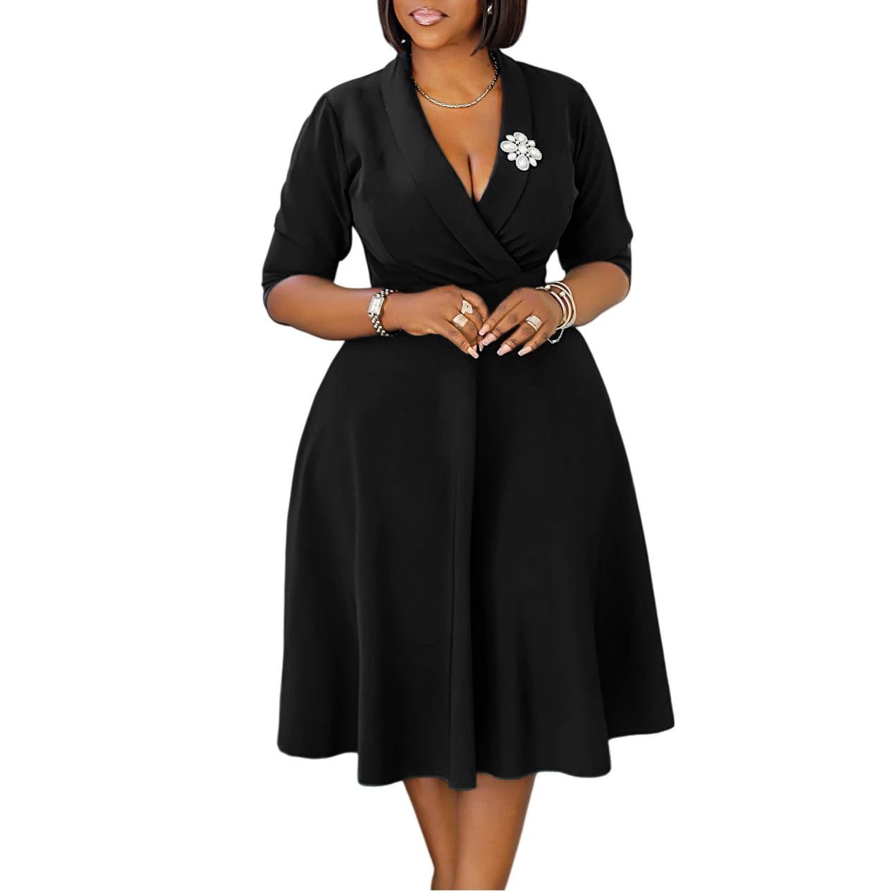 Design Wrap Front Midi Dress with Pearl Brooch in Navy - 59